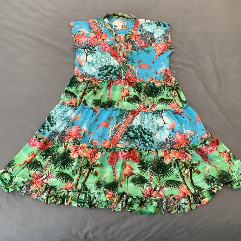 Lulalife Dress Womens Medium Flamingo Tropical Print Tiered‎ Boho Rayon Summer